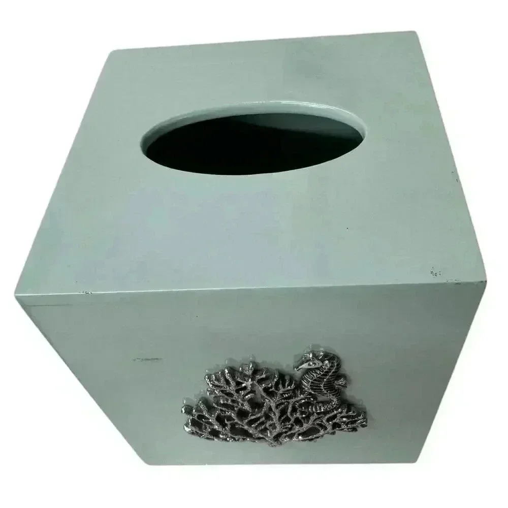 Coastal Coral/Seahorse Tissue Box Cover & Seashell Toothbrush Cup Aqua